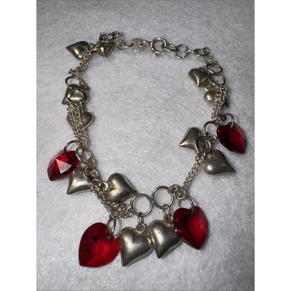 925 Sterling Silver Heart Chain Bracelet Made With SWAROVSKI  Red Crystal Hearts - Picture 12 of 12